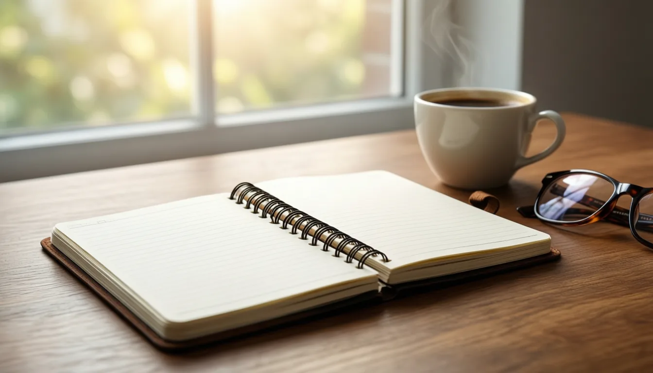 Notebook, coffee, and glasses on a desk