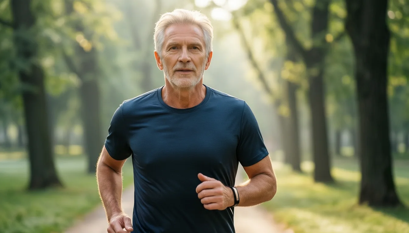 Older adult walking outdoors wearing a slim health wristband
