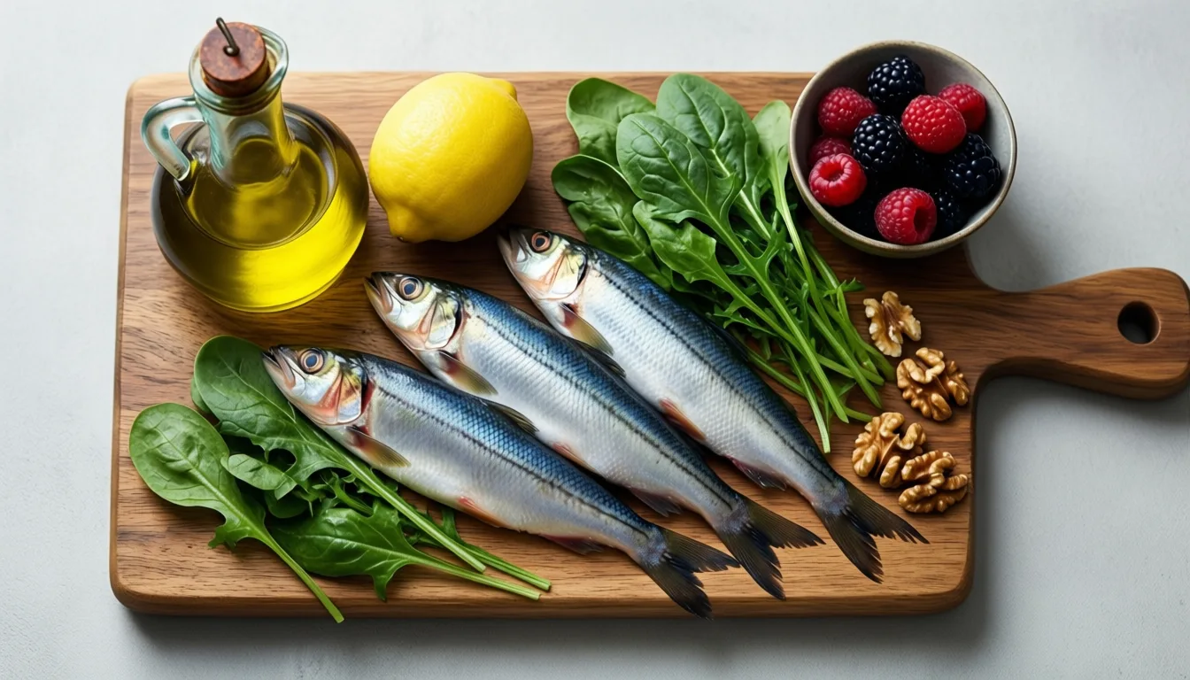 Anti-inflammatory whole foods arranged on a cutting board