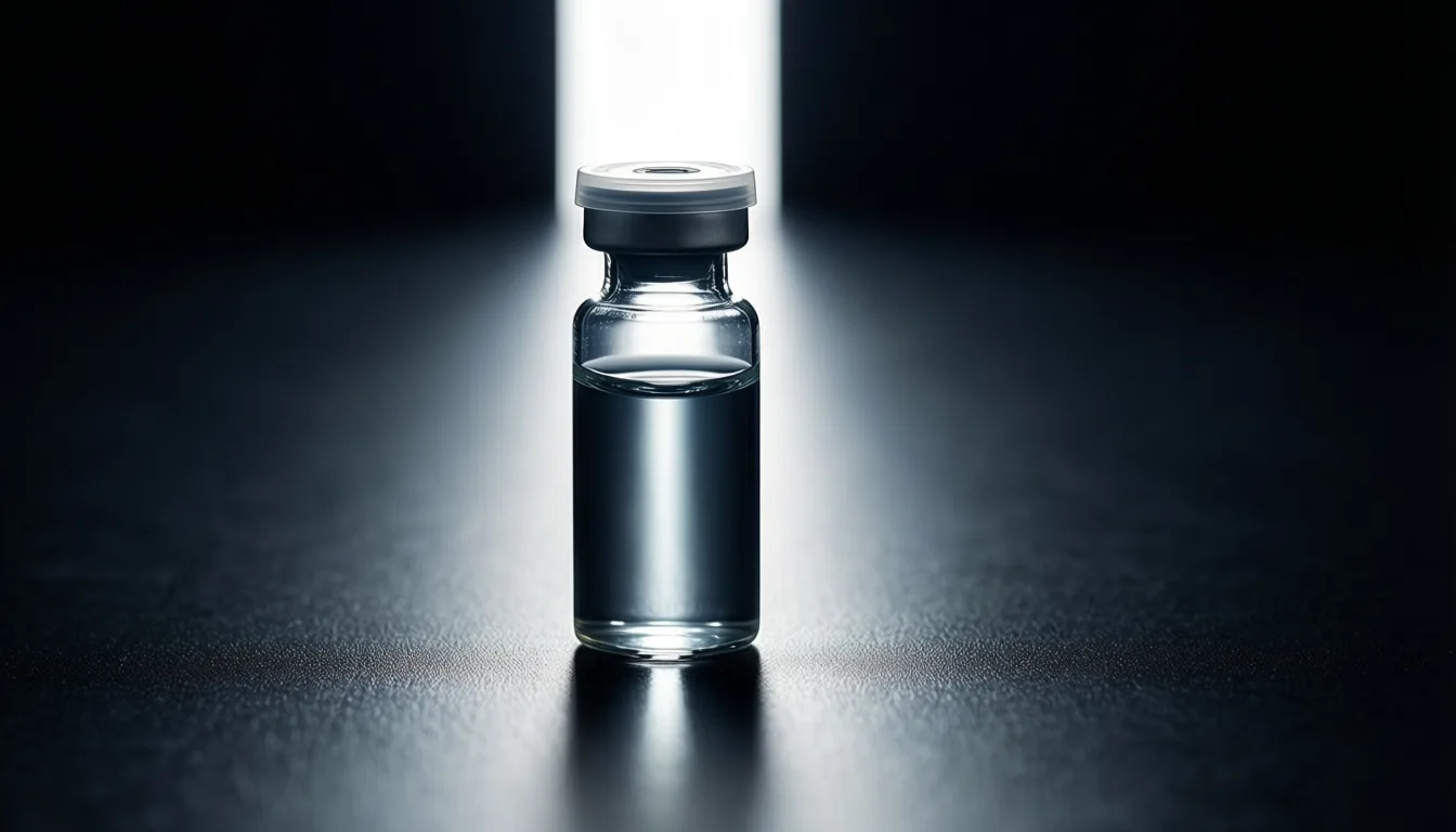 Single unlabeled pharmaceutical vial in dramatic side light