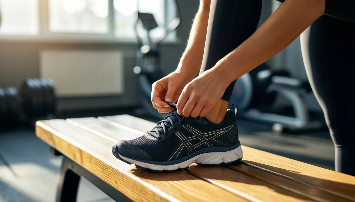 Woman lacing running shoes in a sunlit gym