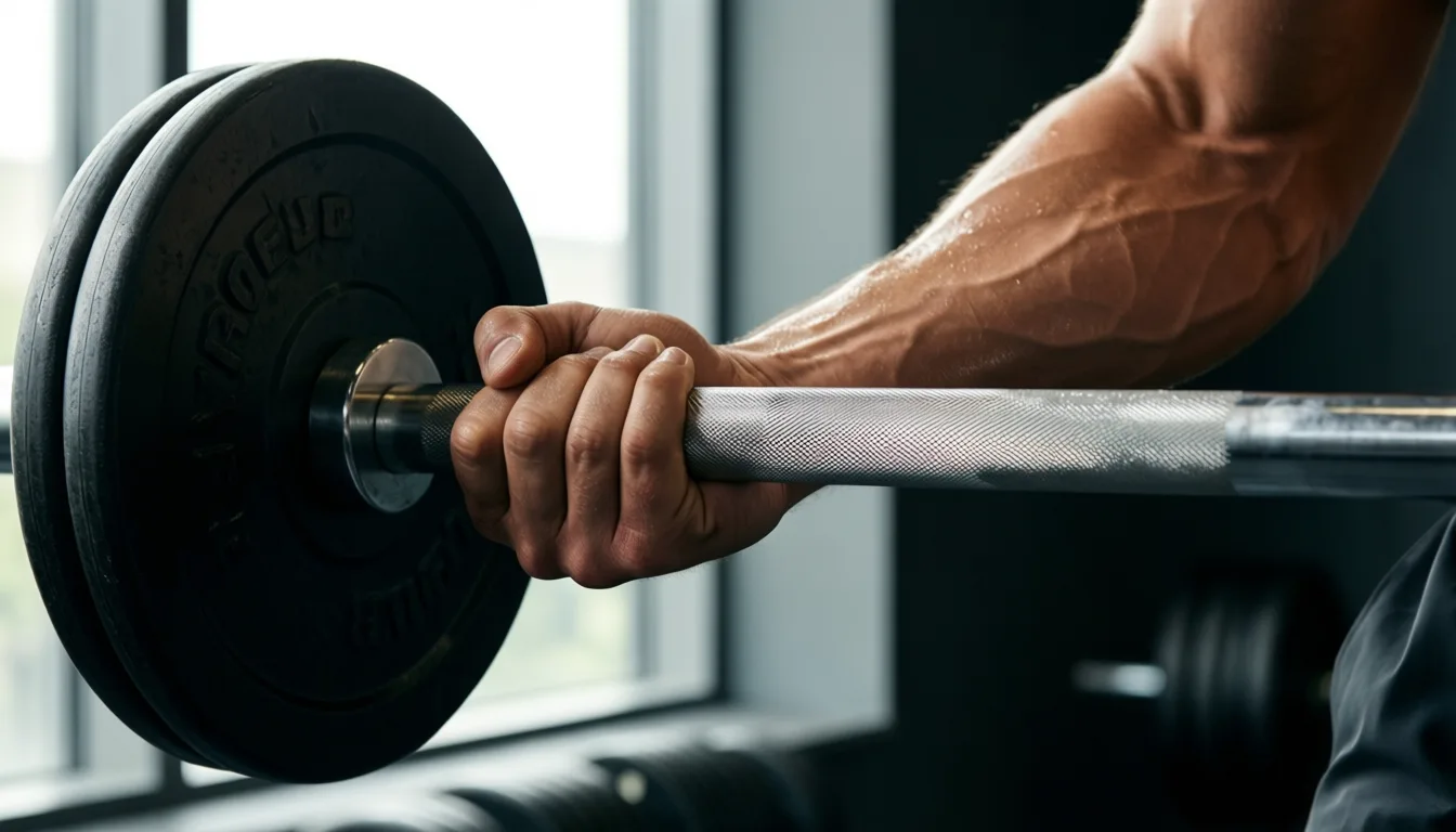 Forearm gripping a barbell mid-lift