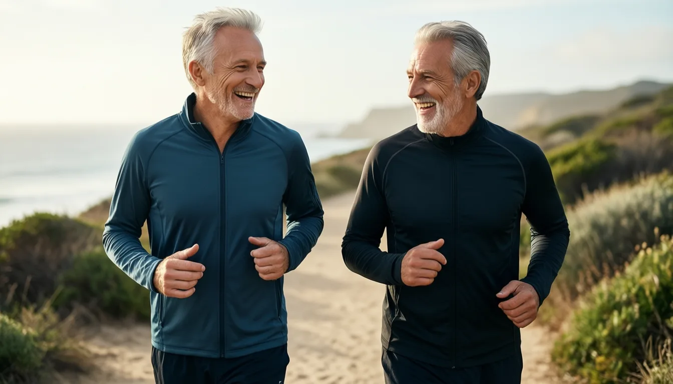 two older men walking together on a coastal path