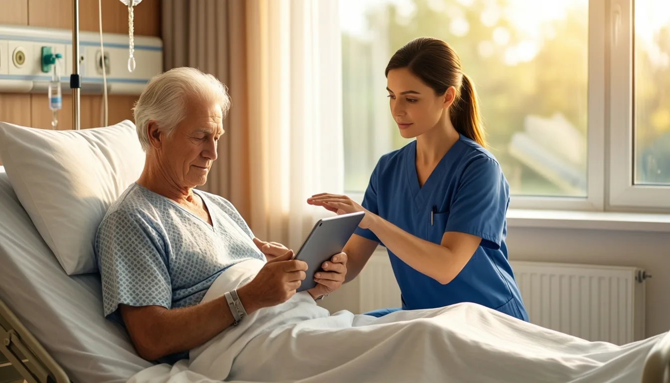 Older patient using a tablet with a physical therapist in a hospital room