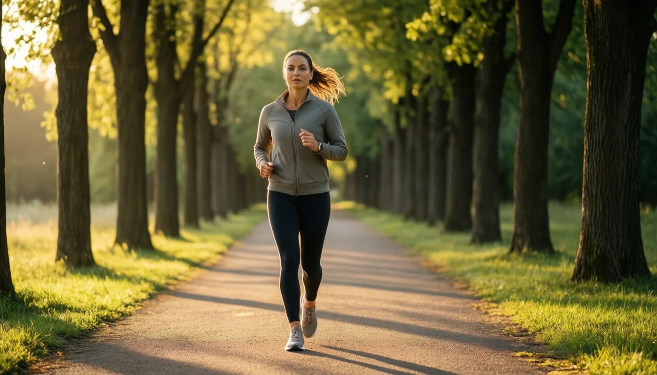 A person walking briskly on a tree-lined path in the late afternoon.