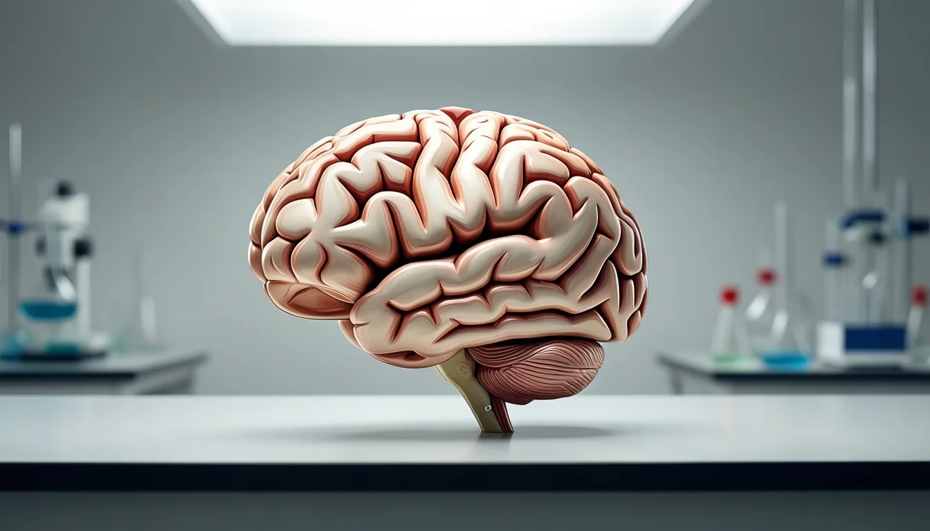 Anatomical brain model on a laboratory bench