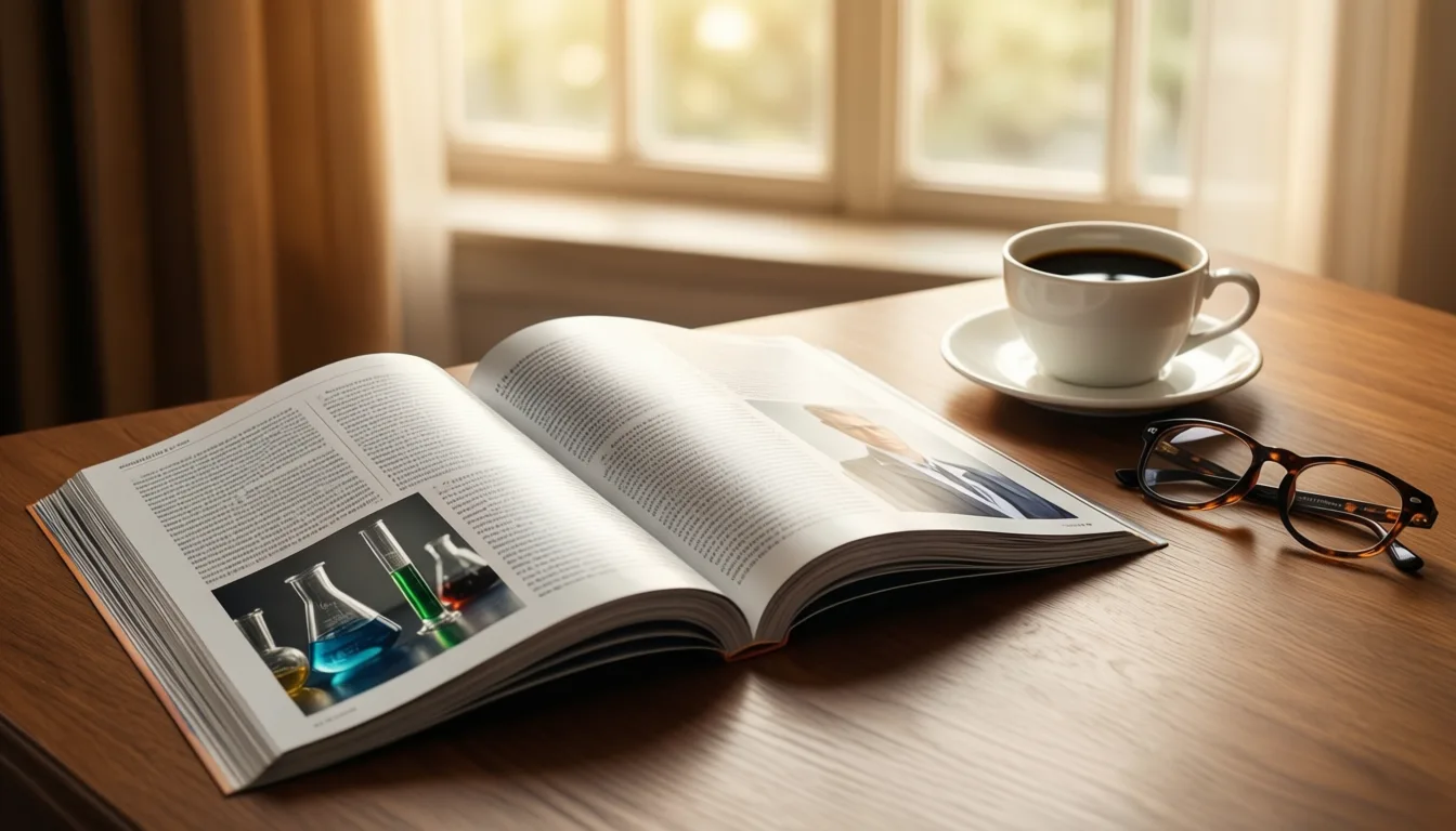 Open scientific journal beside coffee and reading glasses