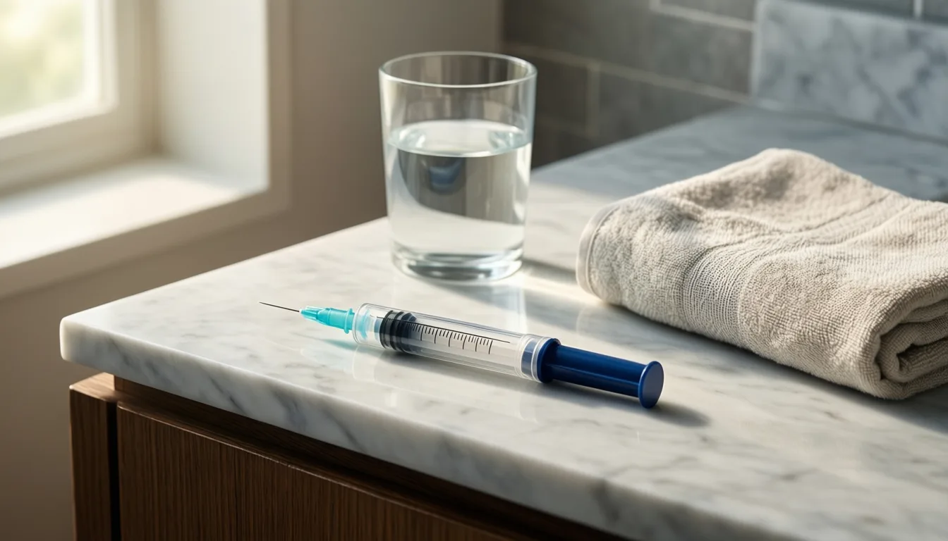 A GLP-1 injection pen on a marble counter beside a glass of water.