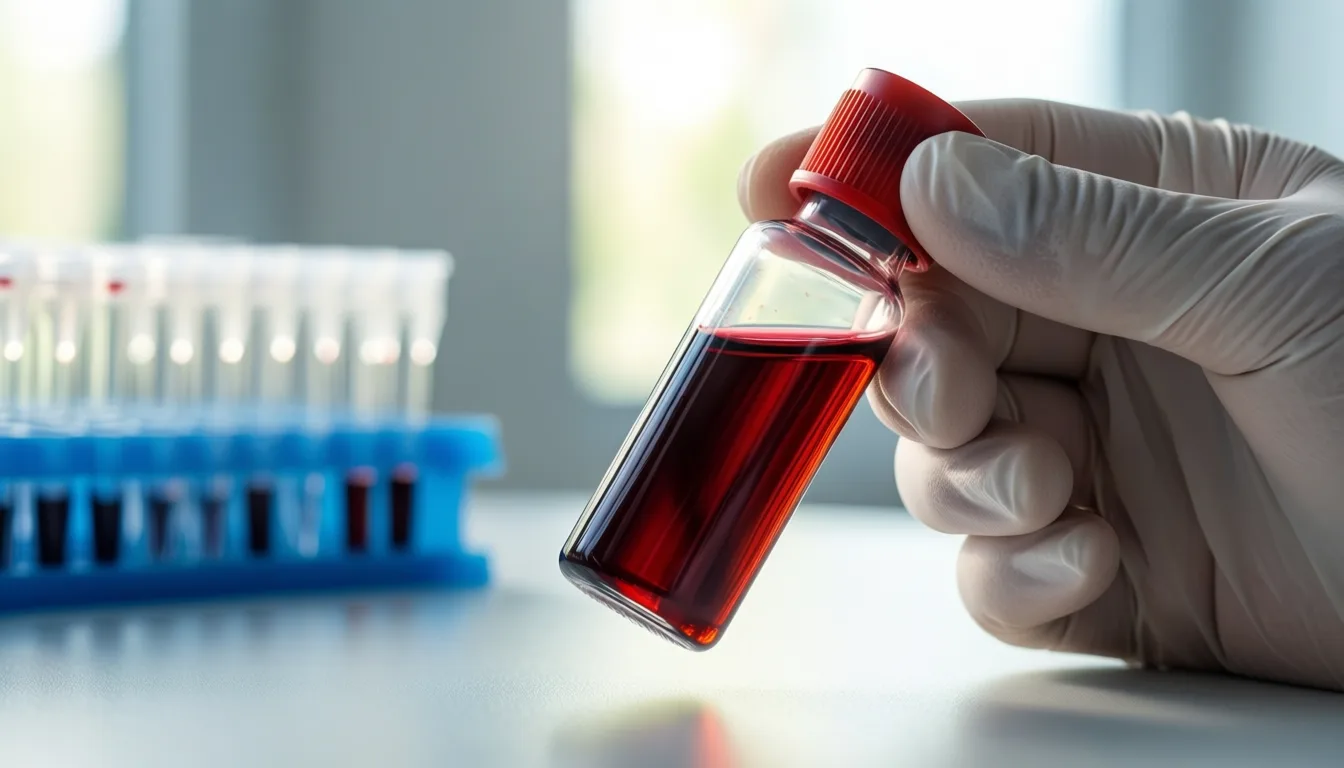A gloved hand holding a vial of blood in a research lab