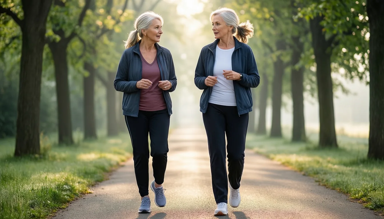 Two women walking together on a tree-lined path