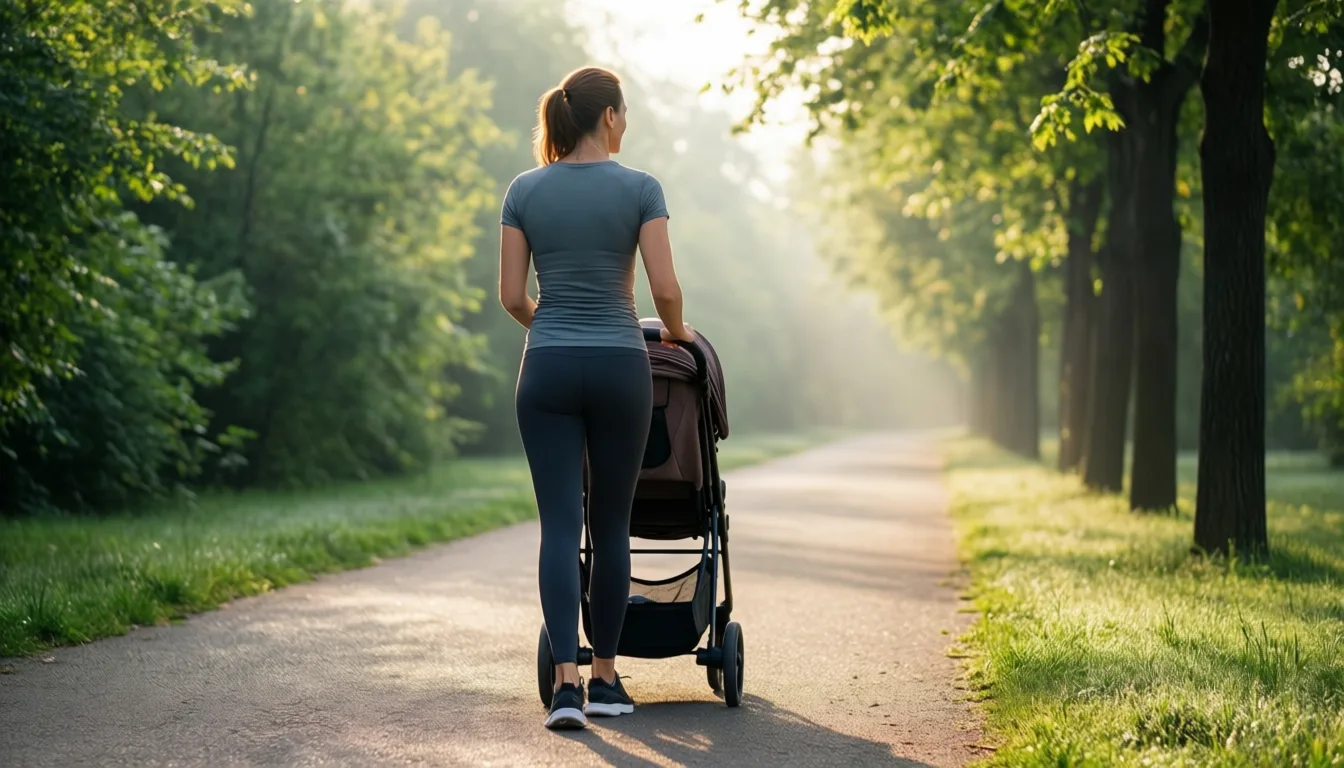 A parent walking with a stroller along a sunny tree-lined path