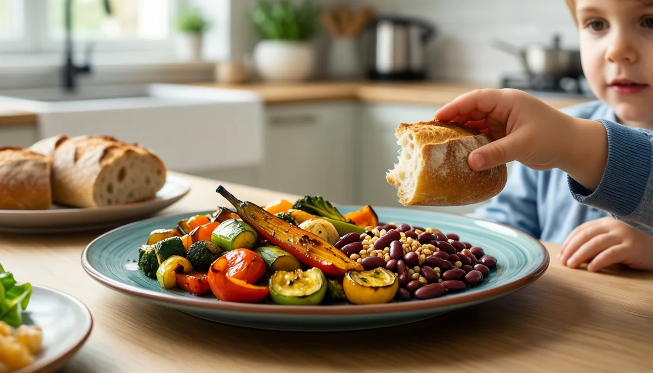 A family dinner table with vegetables, beans and grains