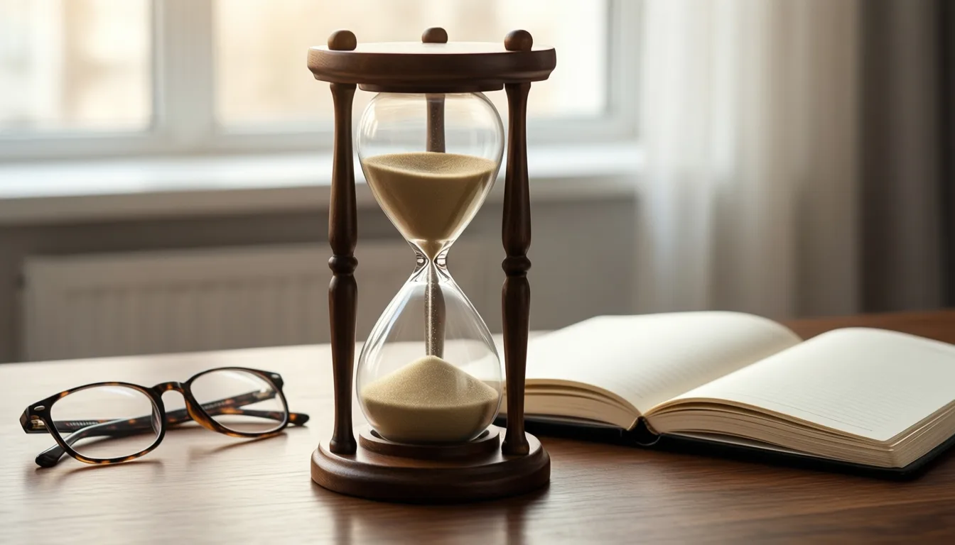 An hourglass on a desk in soft natural light