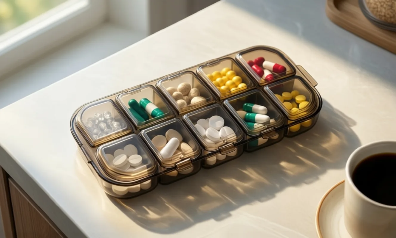 weekly pill organiser on a counter in morning light