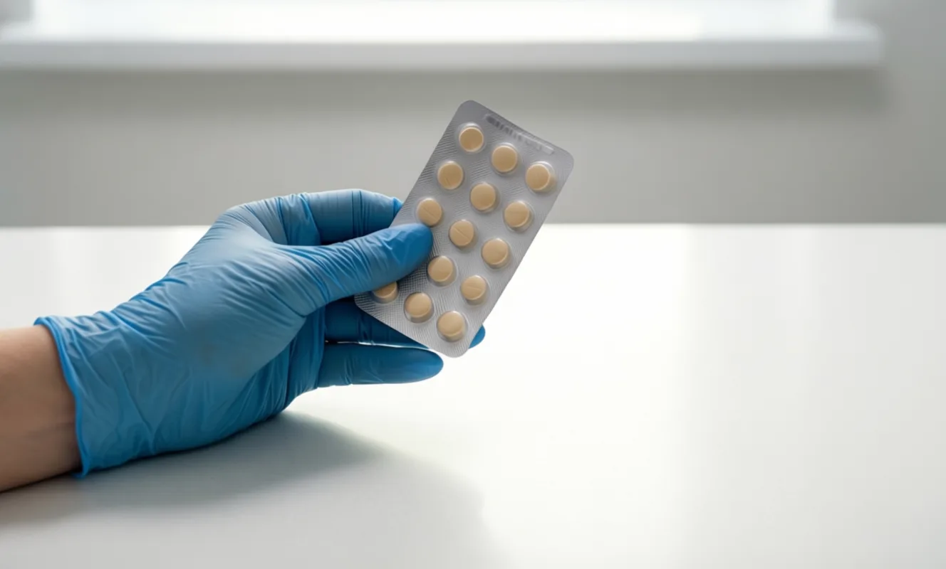 A gloved hand holding a blister pack of small tablets on a clinical countertop