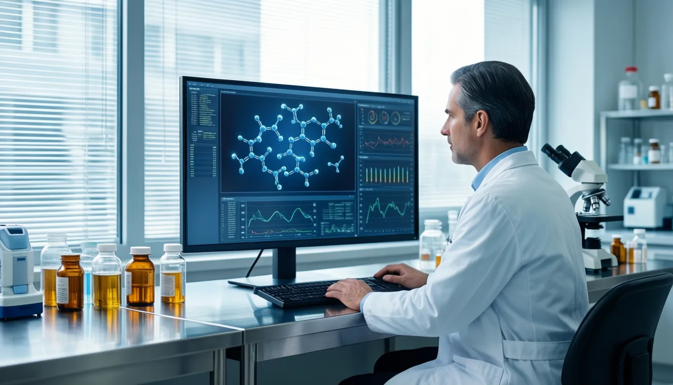 A researcher reviewing molecular data on a monitor in a pharmaceutical lab
