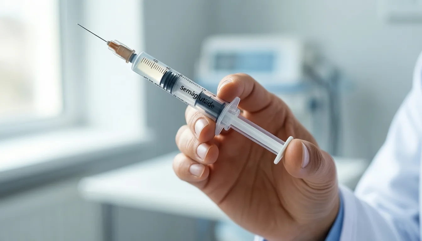 A hand holding a GLP-1 injection pen with the dose dial visible