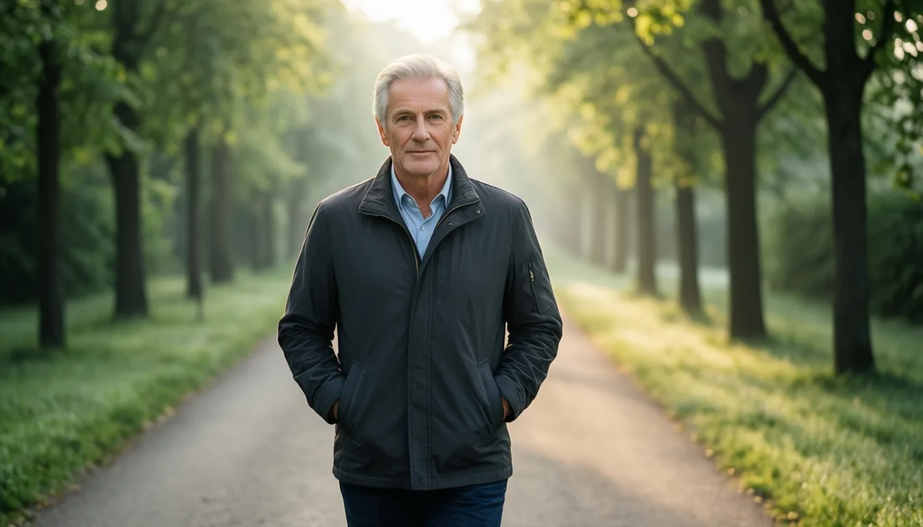 An older man walking on a tree-lined path in early morning light