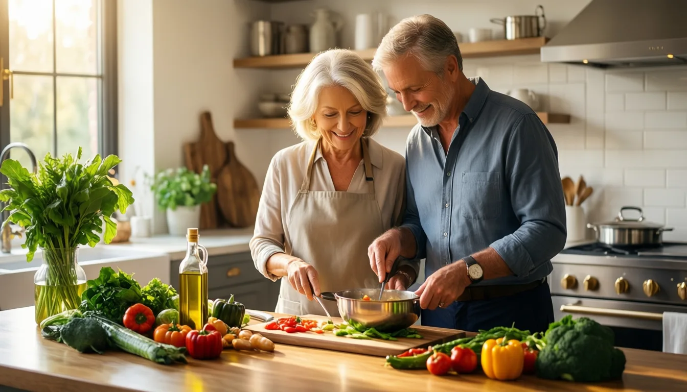 older couple preparing a Mediterranean-style meal together