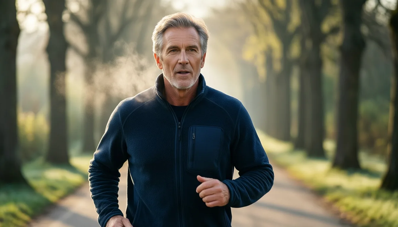 Older man walking on a tree-lined path at dawn