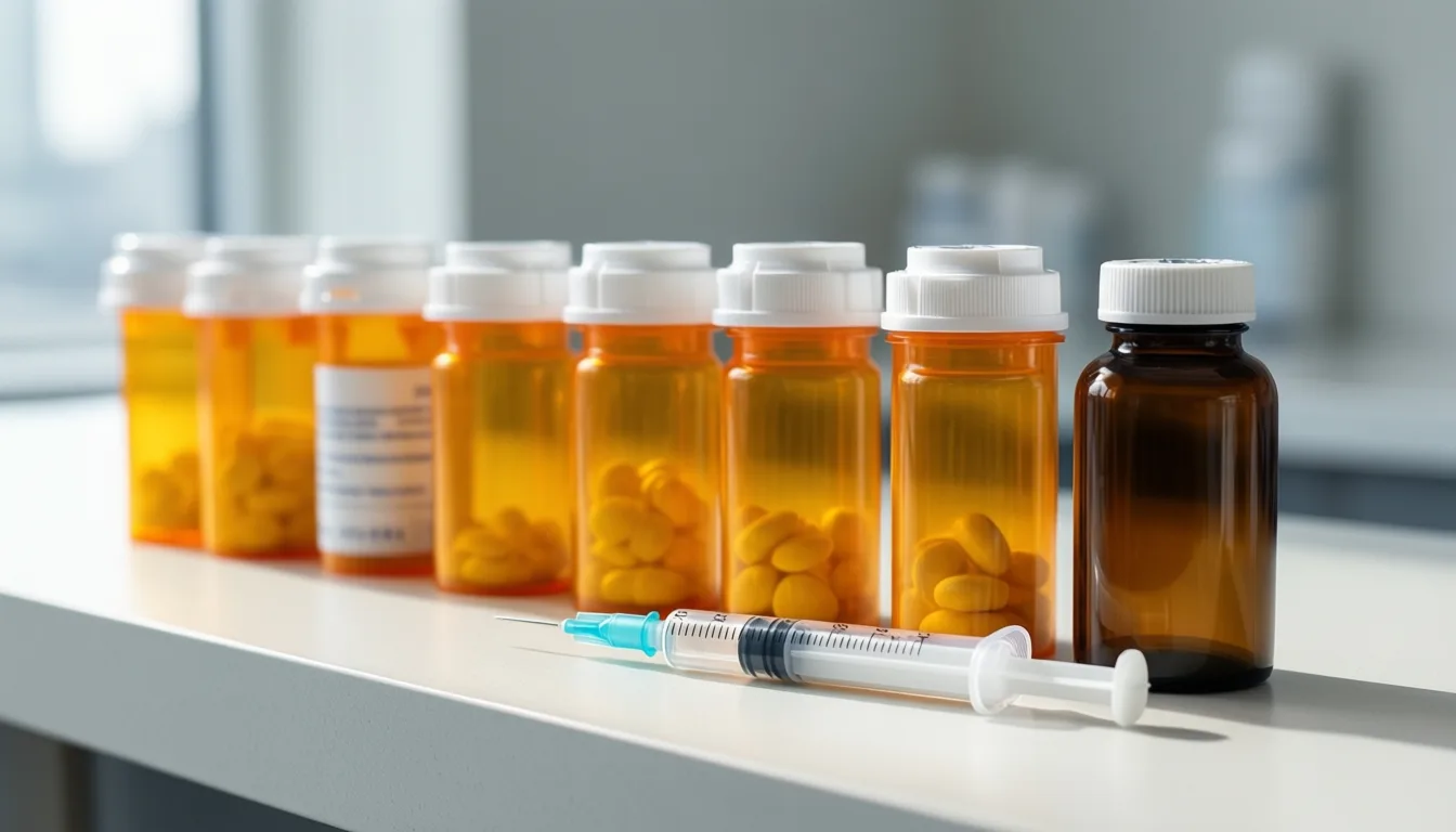 Diabetes medications arranged on a pharmacy counter