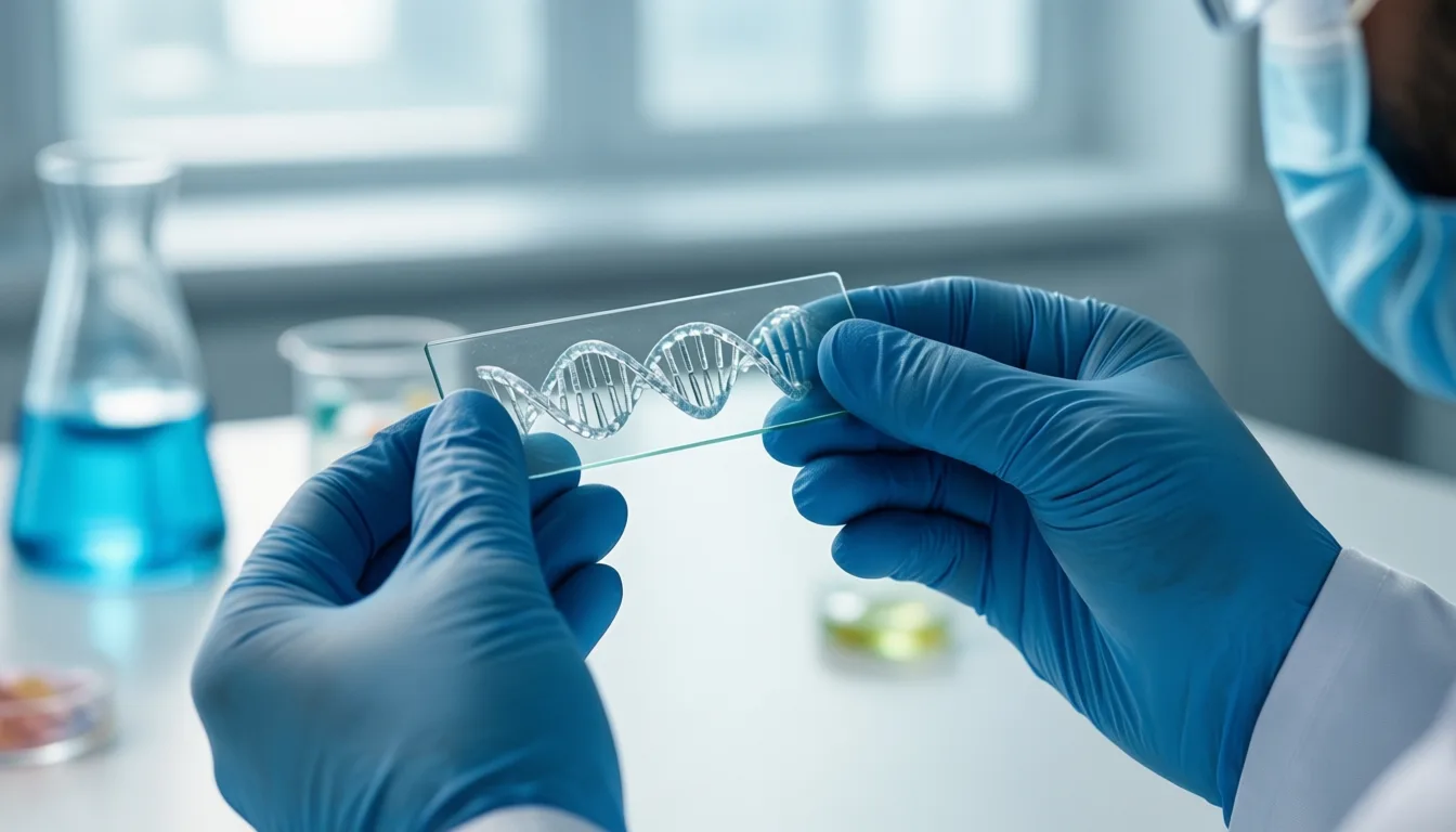 Gloved hands holding a DNA sample slide in a genomics laboratory