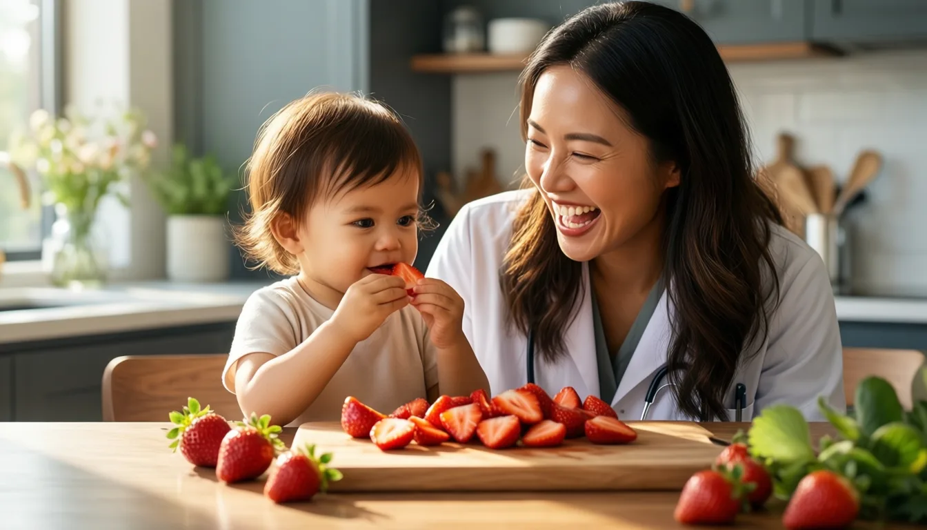 A parent and toddler eating fruit together at a kitchen table