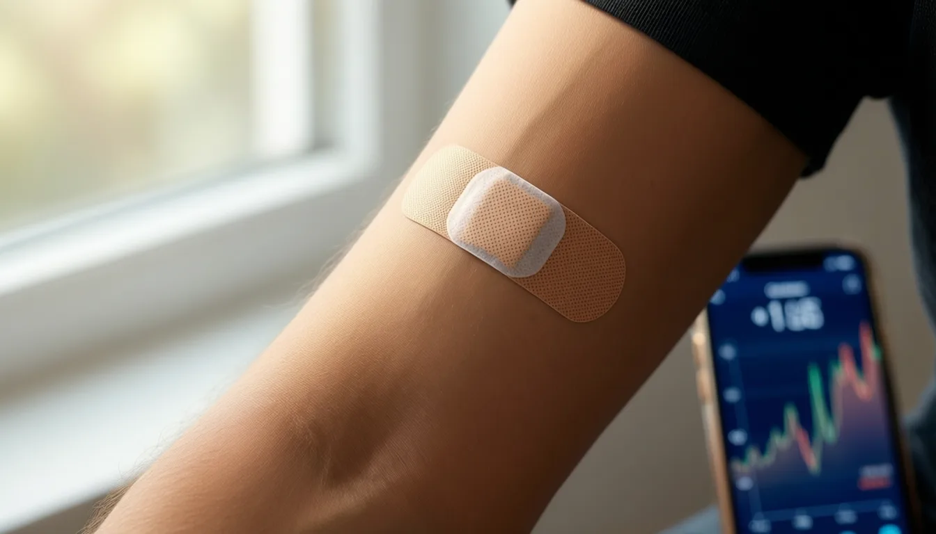A continuous glucose monitor patch on a person's upper arm with a phone showing glucose data nearby