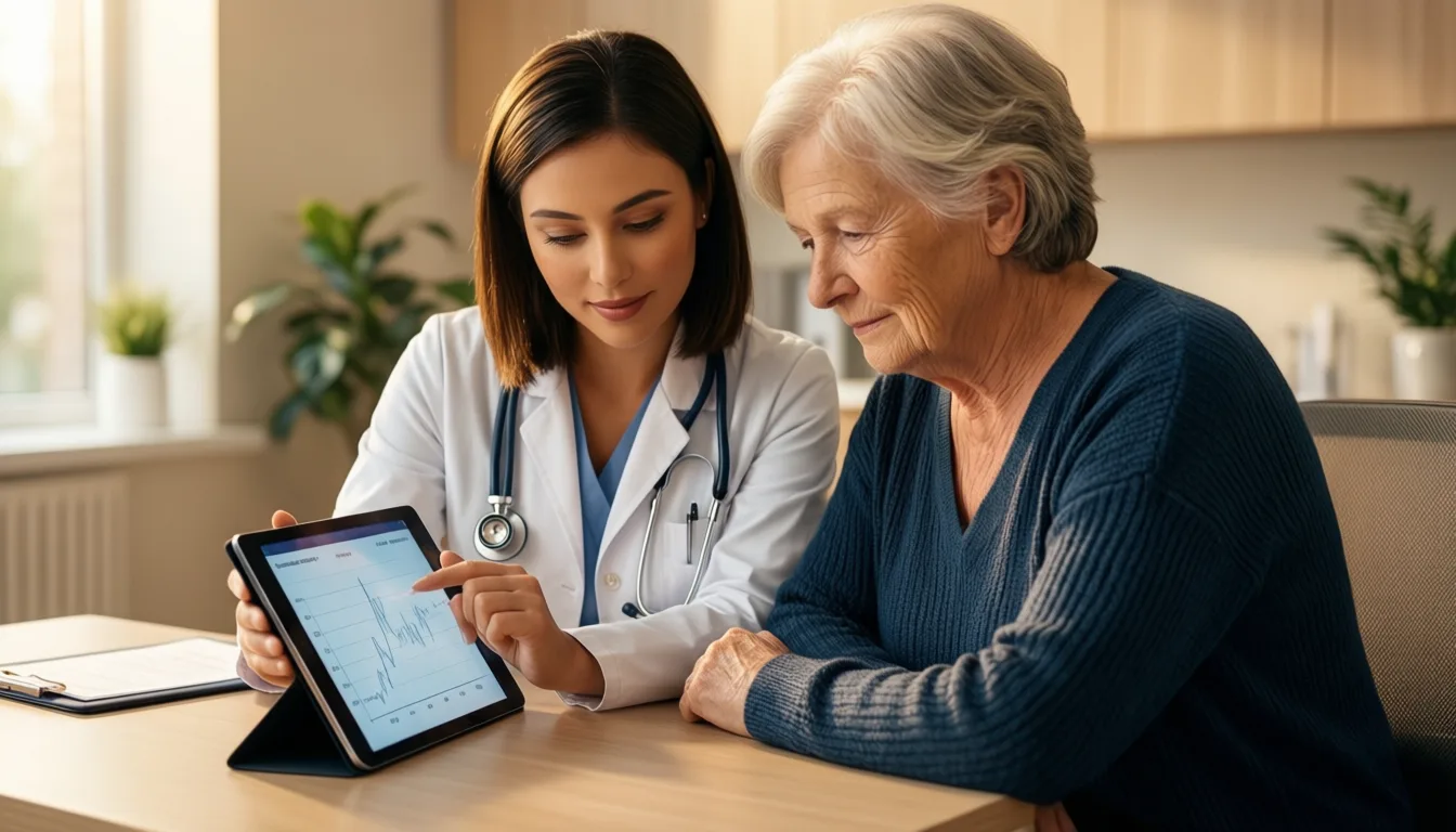 A clinician and an older patient review a glucose graph together on a tablet