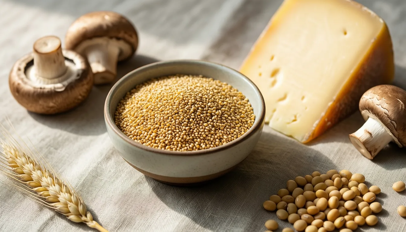 Wheat germ, aged cheese, mushrooms and soybeans on linen