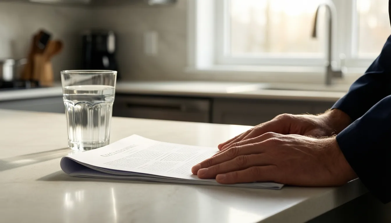 Hands beside a glass of water and a folded paper report on a kitchen counter