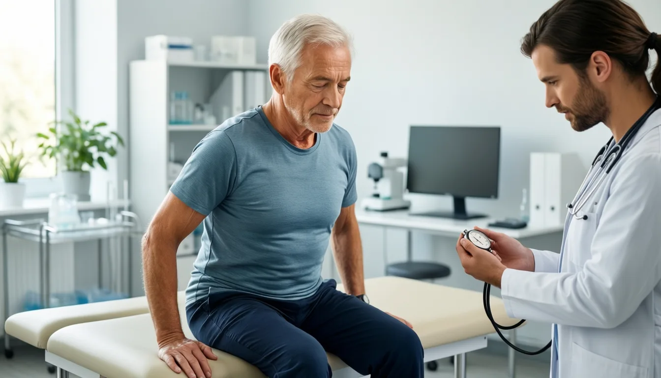 An older adult performing a timed sit-to-stand test as a researcher observes.