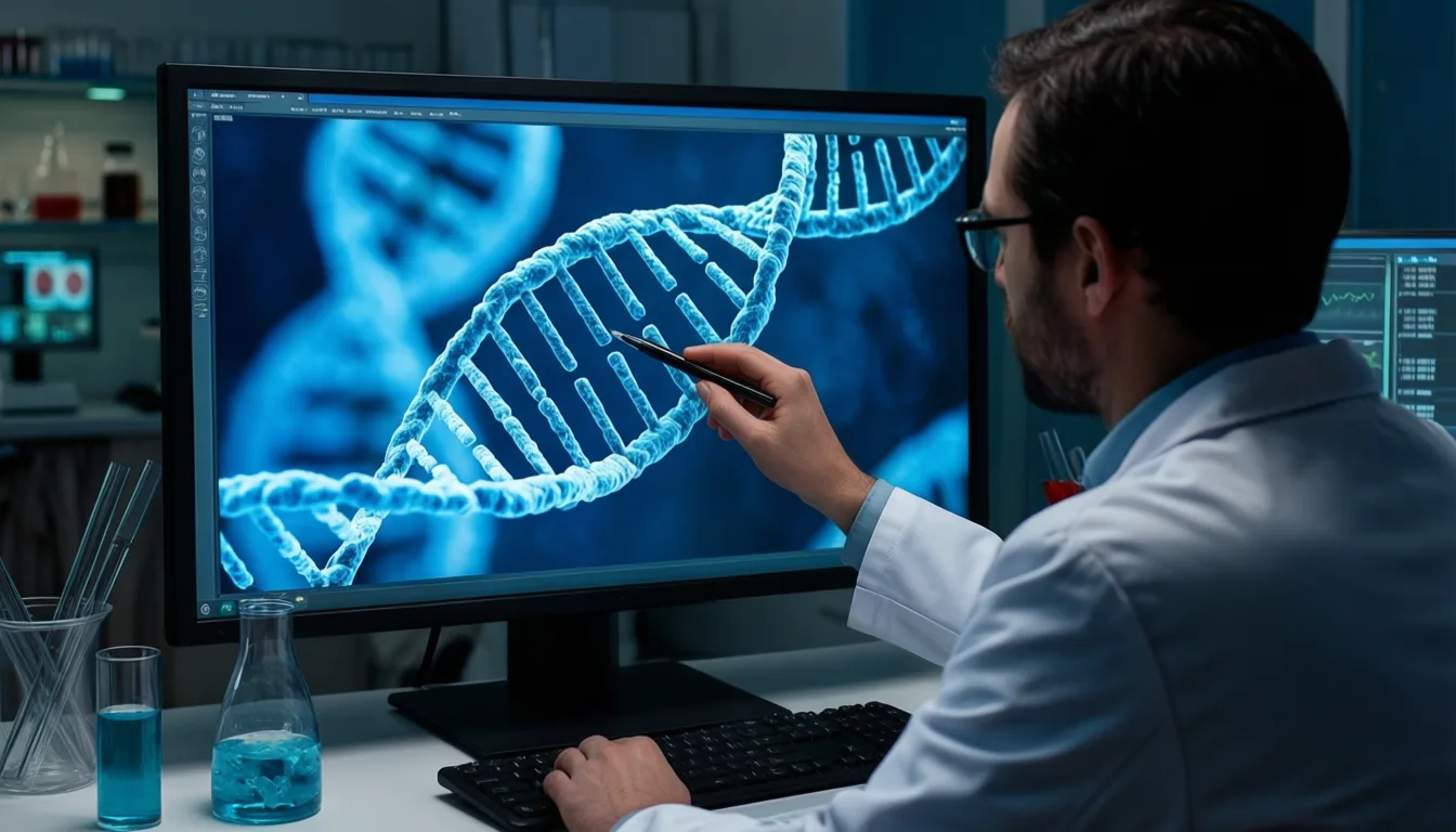 A researcher reviewing methylation data on a computer screen in a darkened lab.