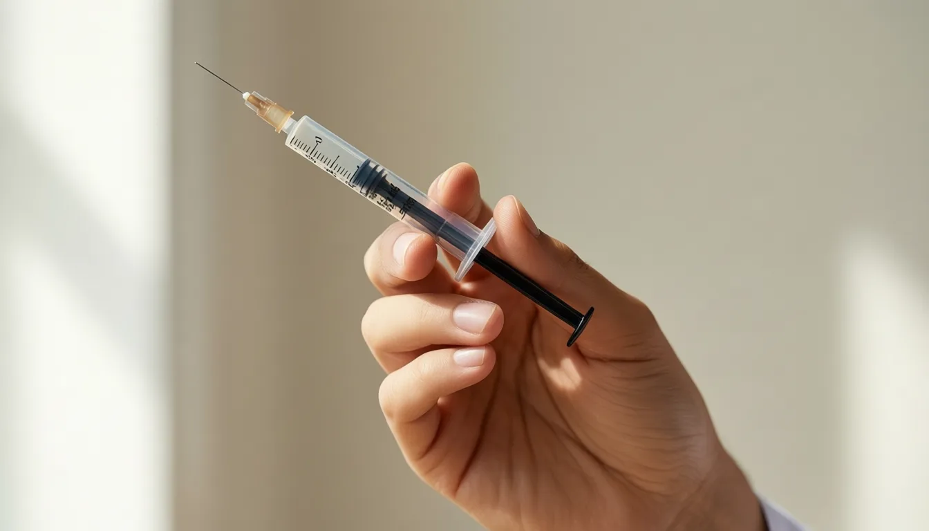 A hand holding a GLP-1 injector pen.