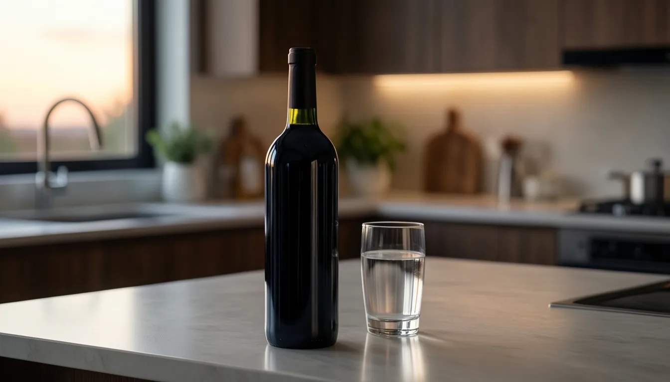 An unopened wine bottle next to a glass of water on a kitchen counter