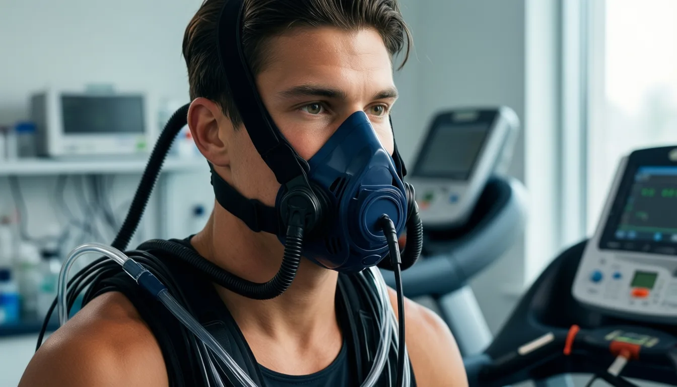 Athlete on treadmill wearing metabolic mask for VO2 testing