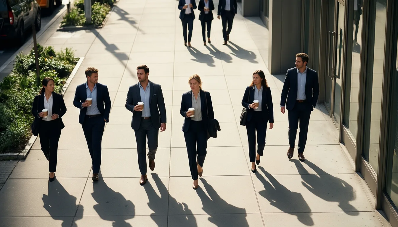 Office workers walking on a sunlit city sidewalk at lunchtime