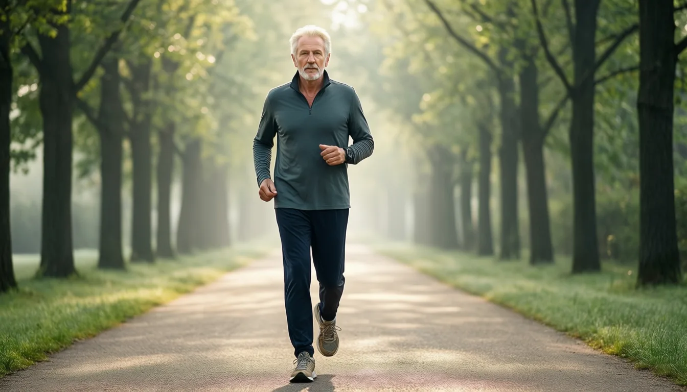 Older man walking briskly on a tree-lined path