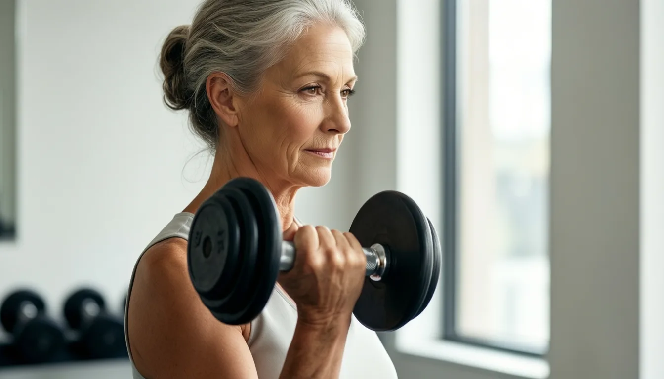 Older woman performing a dumbbell row with focused form