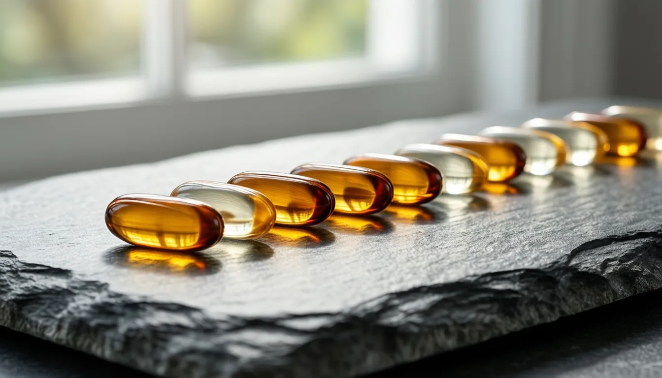 Supplement capsules arranged on a stone surface