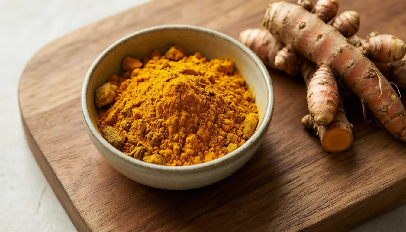 Ground turmeric and fresh turmeric roots on a wooden board