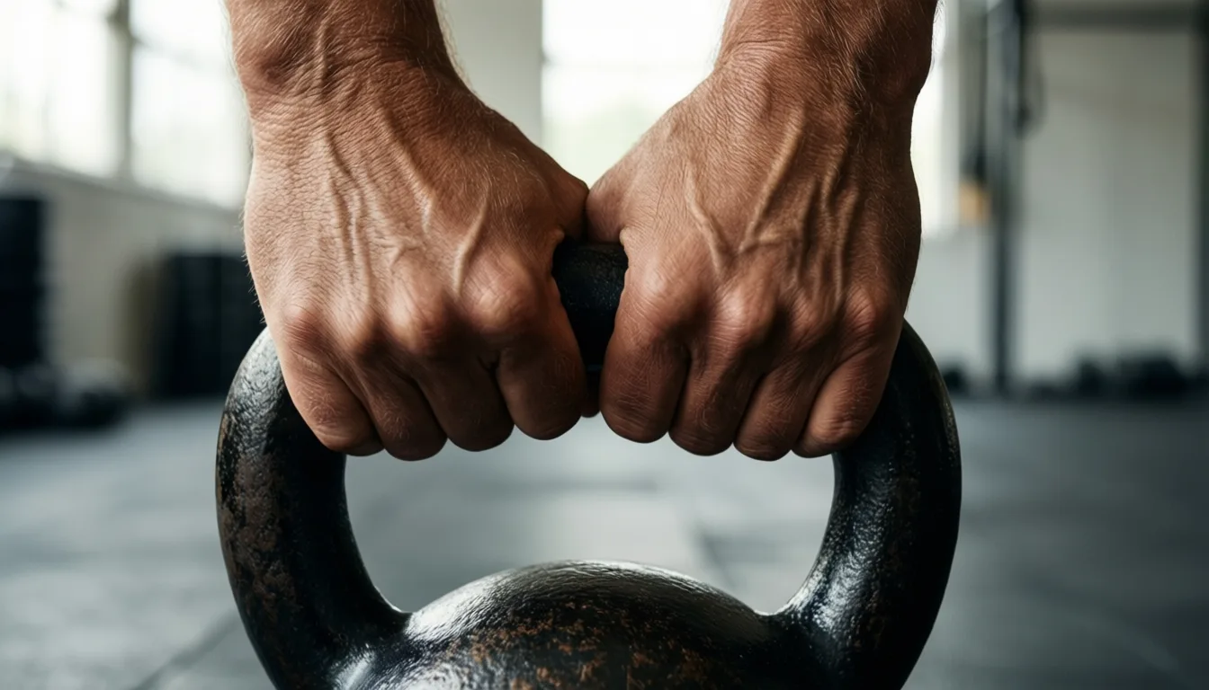Close-up of weathered hands on a kettlebell