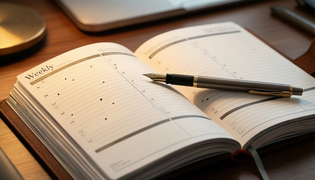 A paper planner with marked days and a pen