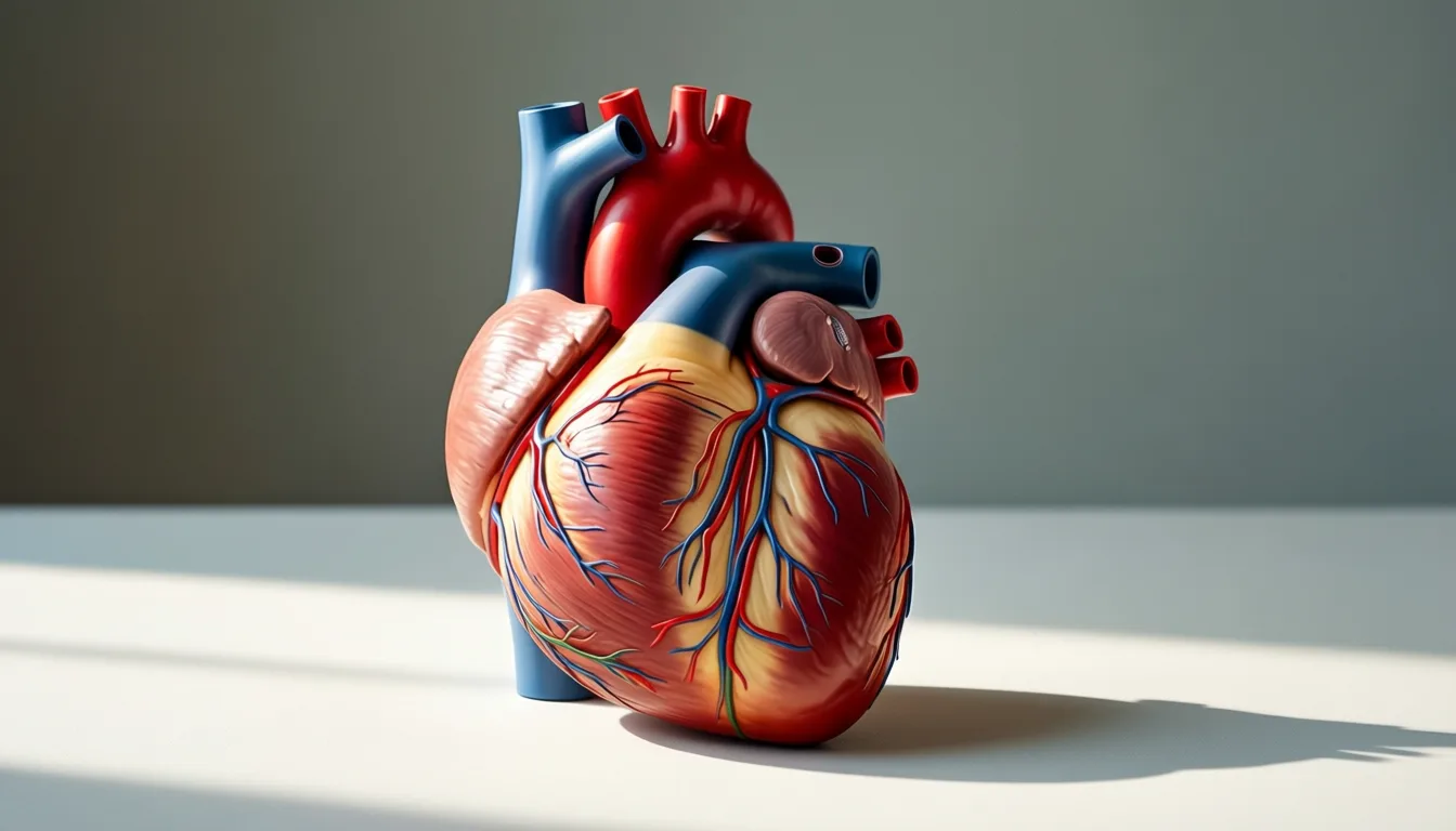 Anatomical model of a human heart on a studio surface