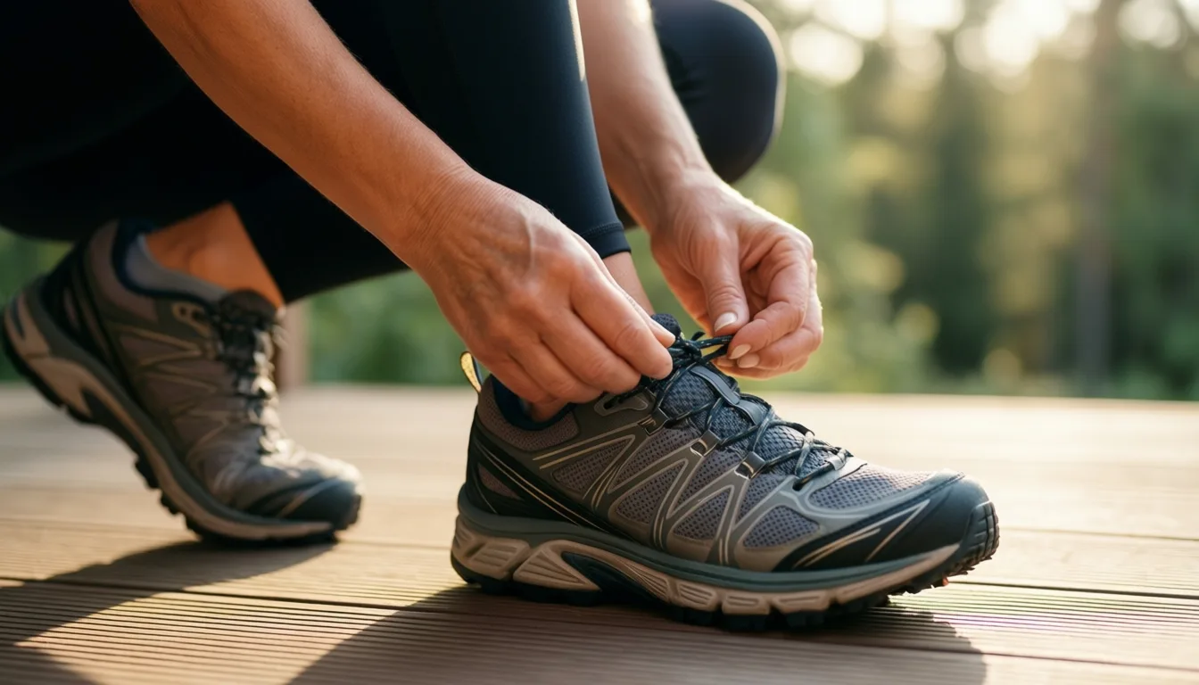 A woman lacing trail running shoes on a porch