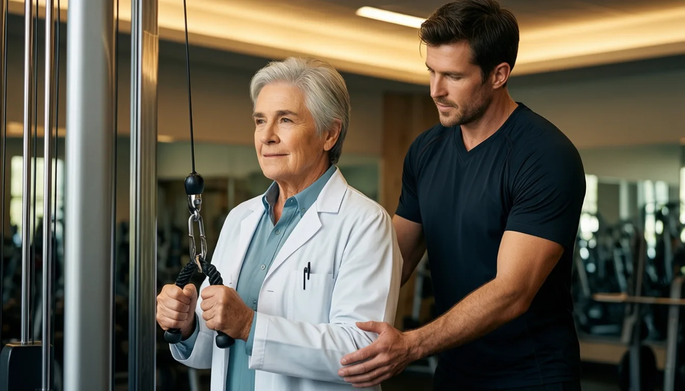 An older adult and coach setting up a resistance training machine