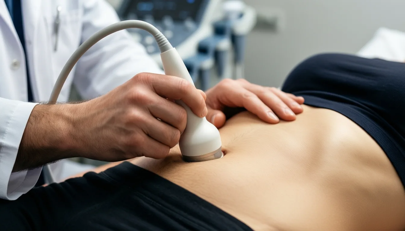 Clinician performing an abdominal ultrasound