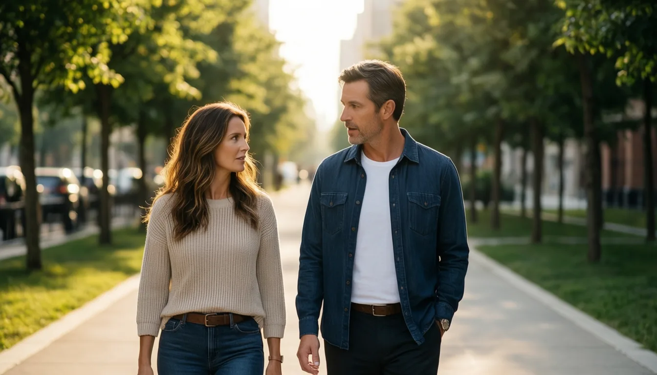 Two people walking and talking on a tree-lined path