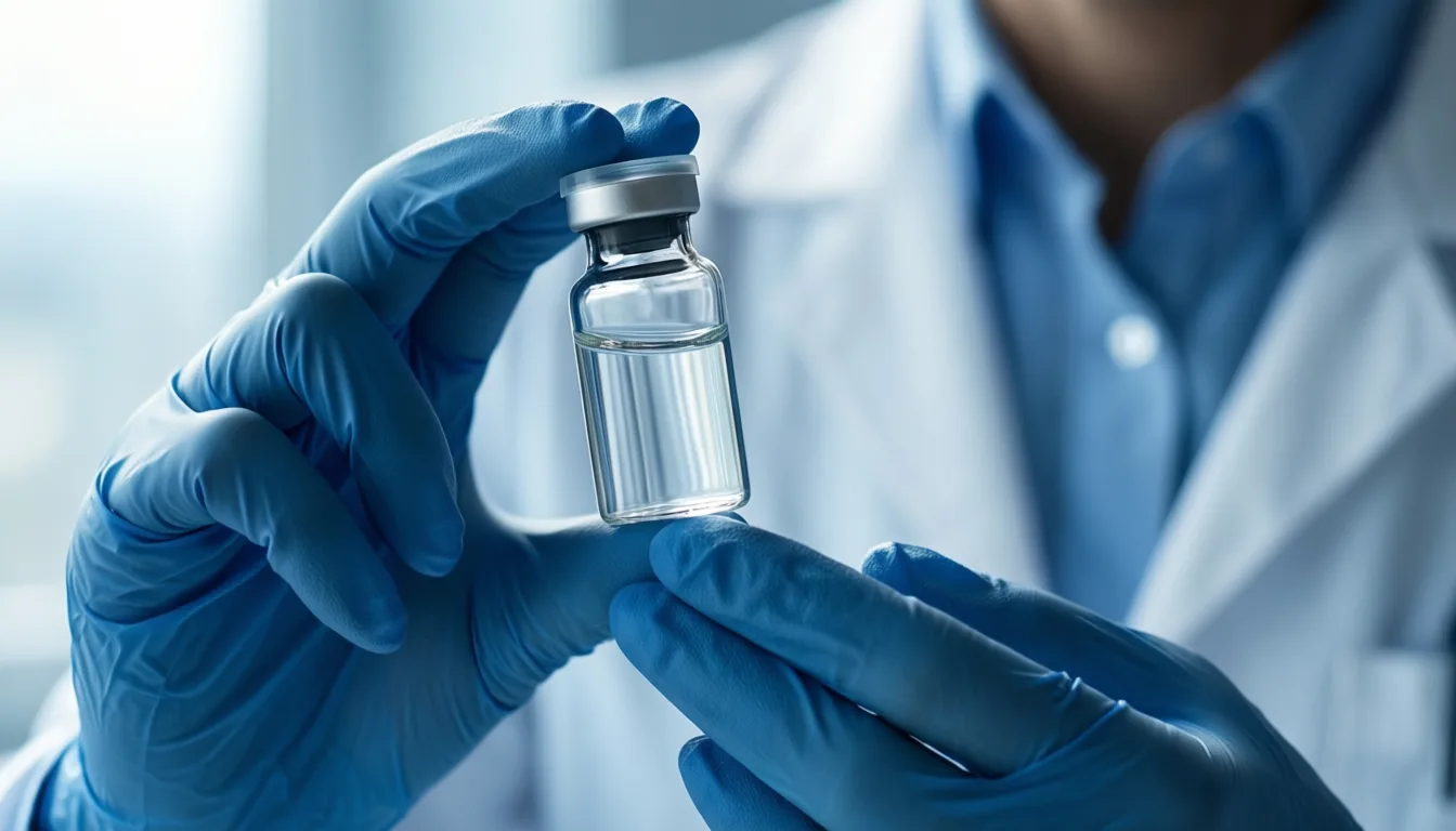 Gloved hands holding a small vial of clear peptide solution