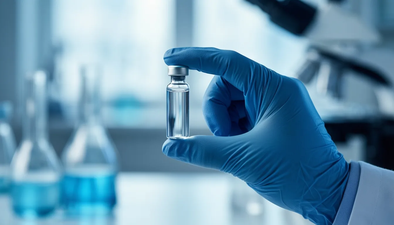 A gloved hand holds a clear research vial in a lab.